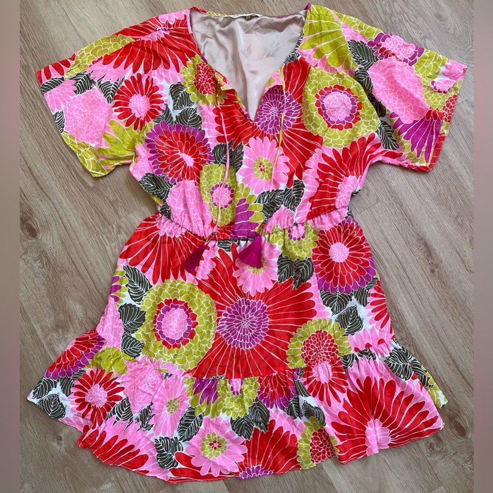 Trina Turk silk dress Mahalo mini floral pink ruffle tassels $378 XL - Picture 7 of 12
